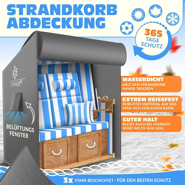 KESSER® Premium Strandkorb Schutzhülle mit Belüftungsöffnungen, Strandkorbhülle Wasserdicht, Winterfest UV-Beständiges, Schwerlast Reißfest 600D Oxford Gewebe Abdeckung (135x100x160/150cm) Grau, 155cm – Bild 2