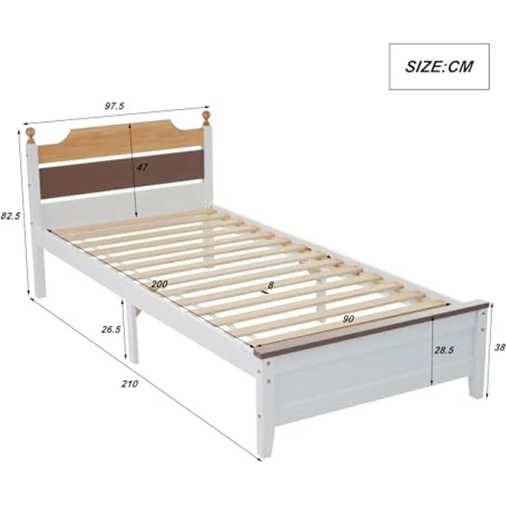 Ball & Cast Massivholzbett (90x200 cm) mit Farblich Abgesetztem Kopfteil, Holzbett mit Lattenrost, ohne Matratzen, EStabil & Rauschlos, Weiß – Bild 2