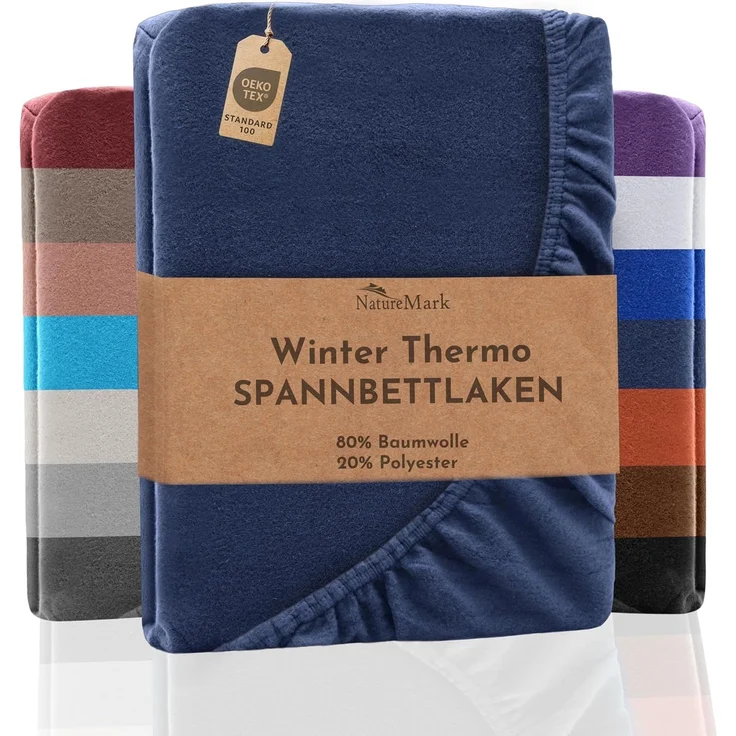 NatureMark Spannbettlaken Winter Thermo Fleece Spannbettlaken, 80% Baumwolle und 20% Polyester, Gummizug: rundum, (1 Stück), 180x200 cm bis 200x200 cm - Navy blau – Bild 1