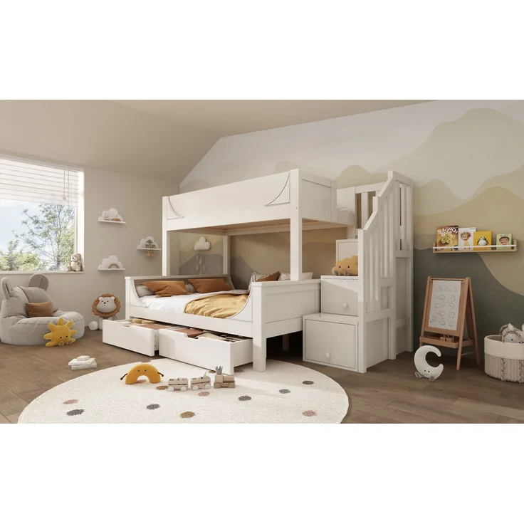 Weißes Etagenbett Schlittenform mit Leiterschrank 90+140x200 cm EN747-1:2024 Sicherheit Schubladen Landhausstil Kinderzimmer