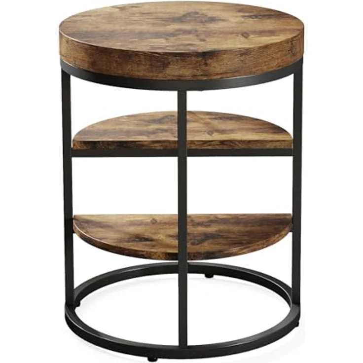LITTLE TREE Beistelltisch rund, Kleiner Couchtisch mit Ablage - 3 Ebenen, runder moderner Kaffeetisch mit Metallgestell für Wohnzimmer Schlafzimmer, Industrie-Design, vintagebraun-schwarz – Bild 7