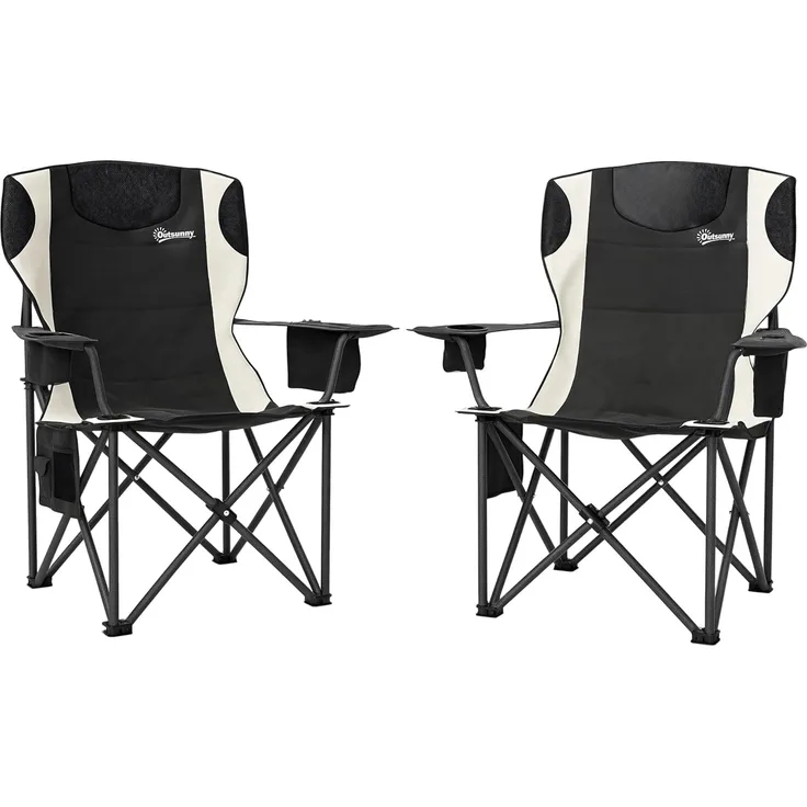 Outsunny Campingstuhl mit Armlehnen Getränkehalter Kopfstütze Kühltasche (2er Set Faltstuhl, 2 St), bis 120kg belast, gepolstert, für Garten, Camping