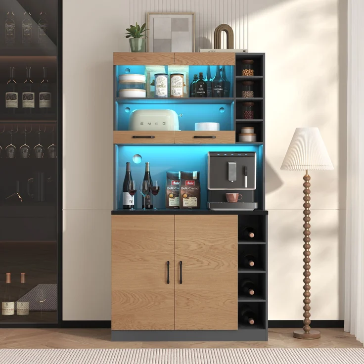 100x47x187cm, Küchenschrank, Buffet mit LED-Ambiente-Beleuchtung und Kabellöchern, Küchen-Highboard aus Holz, großer Platz für Mikrowelle, freistehend, höhenverstellbare seitliche Ablagefächer – Bild 7