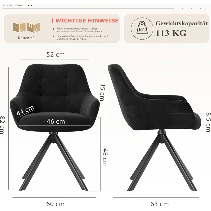 COLAMY Drehbare Esszimmerstühle 4er Set, Esszimmerstühle Drehbar mit Armlehne, Armlehnstuhl Drehbar mit Rückenlehne für Esszimmer, Stühle aus Weichem Florstoff mit Metallgestell für Küche, Schwarz – Bild 3