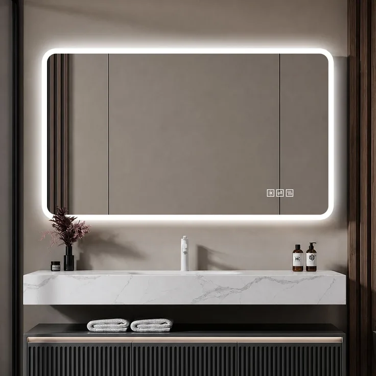 60×100cm LED Badezimmerspiegel mit Milchglasrand, Frontbeleuchtung, Anti-Beschlag, 3 Lichtfarben, Stufenlos Dimmbar, Memory-Funktion, Horizontal & Vertikal Montierbar, IP44 Wasserdicht--Silber--100x60x2.9cm--YOUDENOVA