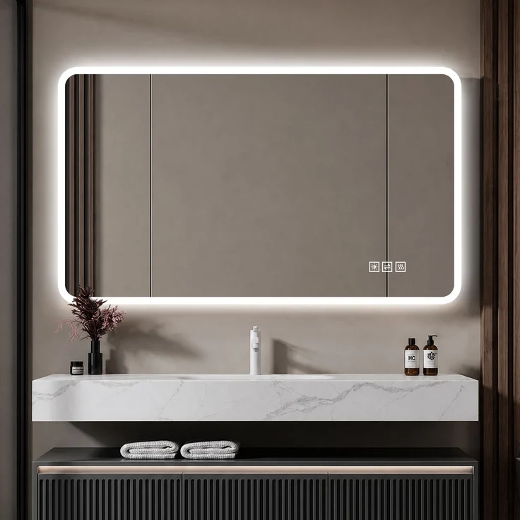 60×100cm LED Badezimmerspiegel mit Milchglasrand, Frontbeleuchtung, Anti-Beschlag, 3 Lichtfarben, Stufenlos Dimmbar, Memory-Funktion, Horizontal & Vertikal Montierbar, IP44 Wasserdicht--Silber--100x60x2.9cm--YOUDENOVA – Bild 1