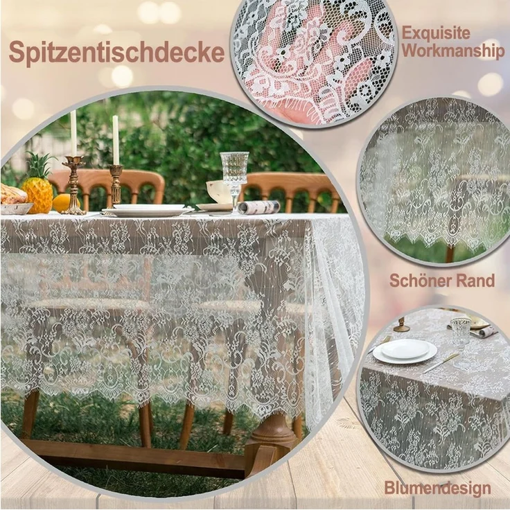Diwzbyn Tischläufer Tischdecke Spitze,Weiße Spitze Tischdecke in Spitzenauflage Vintage, 150x300CM,Hochzeits-Tischdecke, für Esszimmer, Küche und Party – Bild 3