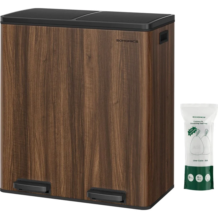 SONGMICS Mülleimer, 2x30 Liter, 2 Fächer, Mülltrennsystem, Treteimer, Abfalleimer Küche, 15 Müllsäcke, Metall, Inneneimer aus Kunststoff, Klappdeckel, Softclose, dunkelwalnussfarben LTB060N02