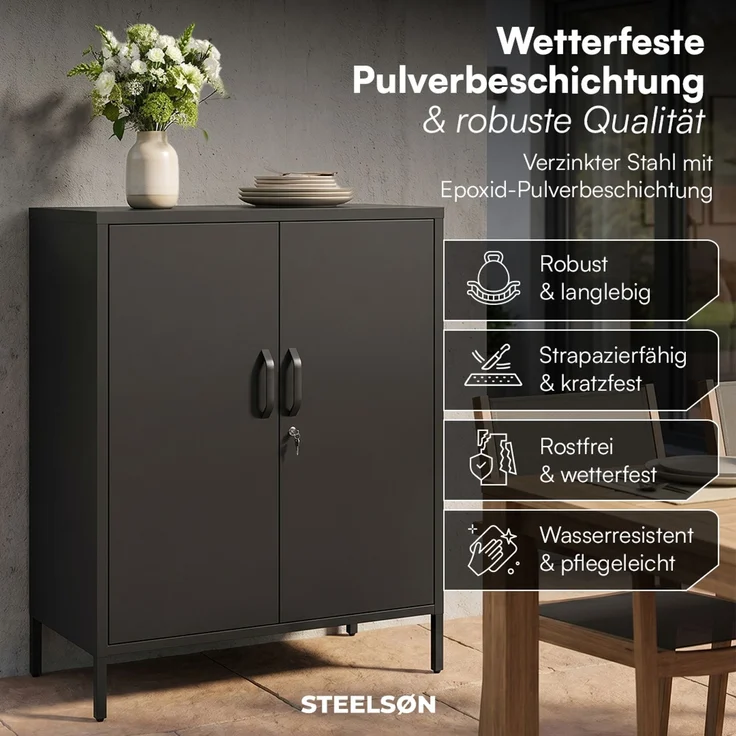 STEELSØN 'Menkent' Outdoor Metallkommode, Doppeltür mit Schloss, schwarz, 100x80x45 cm, mit 2 Einlegeböden, 3 höhenverstellbare Fächer – Bild 2
