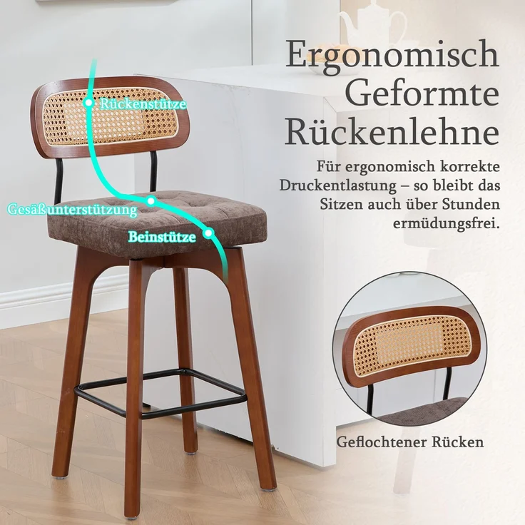 2er-Set um 360° drehbare Barhocker, Küchen- und Frühstücksbarhocker mit Rückenlehne, Rückenlehne aus Rattan mit gepolsterter Sitzfläche, Barhocker im modernen Mid-Century-Stil(Braun, Chenille)--Kaffee--51x44x96cm--YOUDENOVA – Bild 2