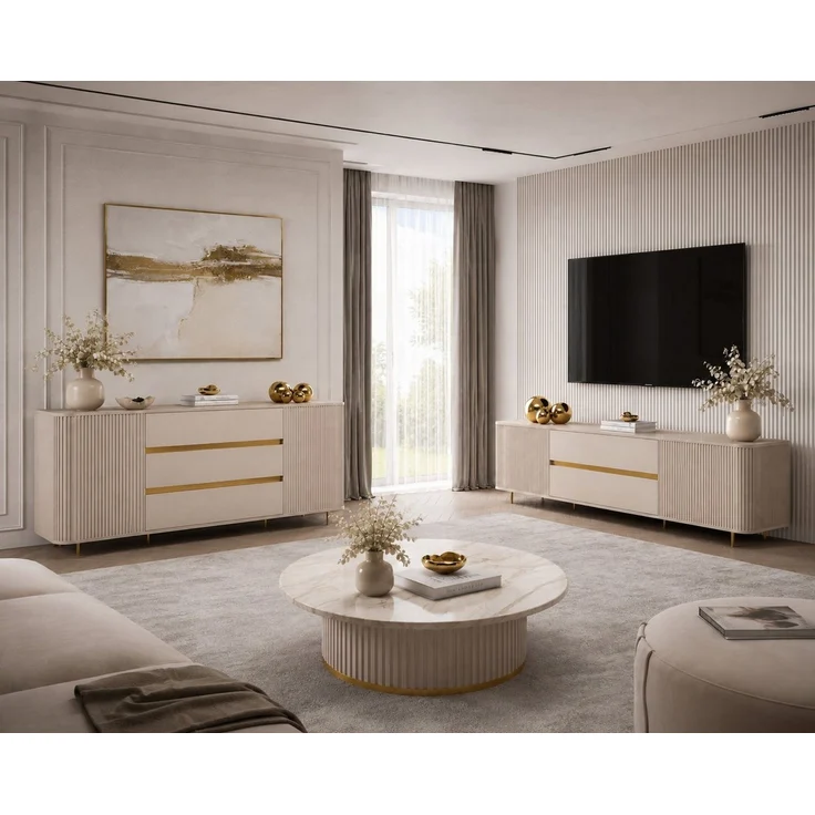 ALLHOUSE24 Wohnzimmer-Set MIRACLE V - Kommode & TV-Lowboard 180 Sandbeige mit goldenen Akzenten, (2-St, Das Set besteht aus: Kommode, TV Schrank), Breite: Kommode: 180 cm, TV-Schrank: 180 cm – Bild 2