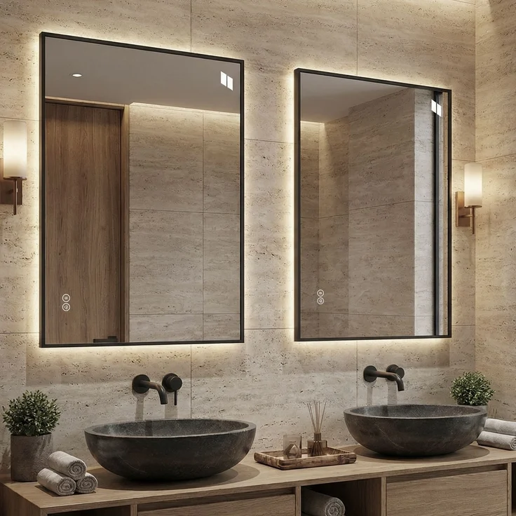 LED Badezimmerspiegel 70x90 cm mit Aluminiumrahmen, Hinterleuchtet, Anti-Beschlag, 3 Lichtfarben, Stufenlos dimmbar, Memory-Funktion, 5 mm kupferfreier Silberspiegel--Silber--70x90x2.5cm--YOUDENOVA – Bild 4