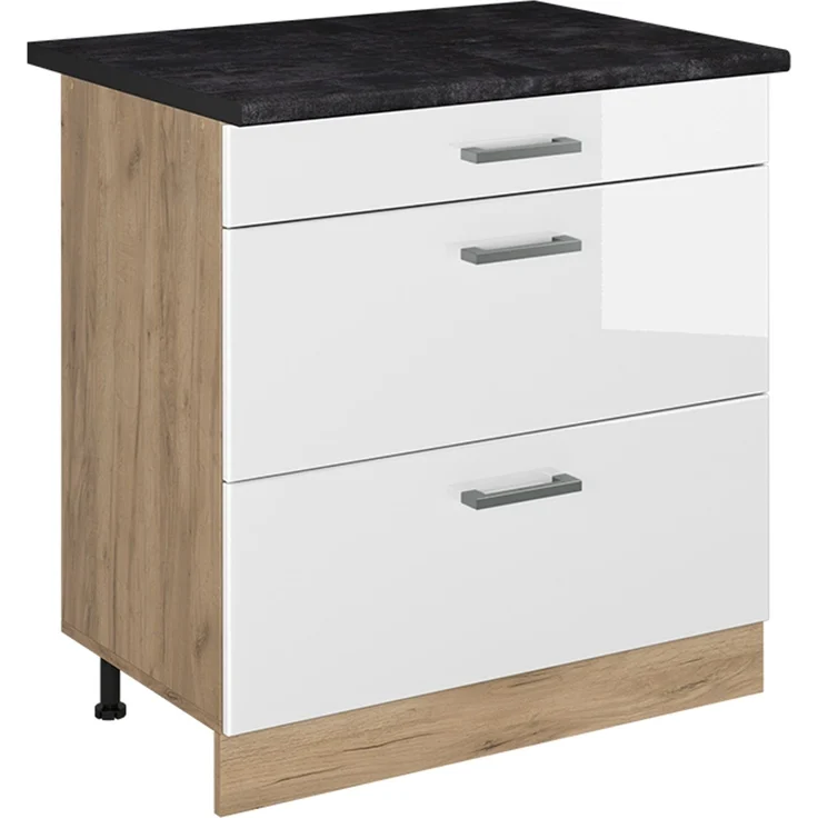Küchenunterschrank R-Line Weiß Hochglanz/Goldkraft Eiche 80 cm mit 3 Schubladen Arbeitsplatte Anthrazit Vicco – Bild 1
