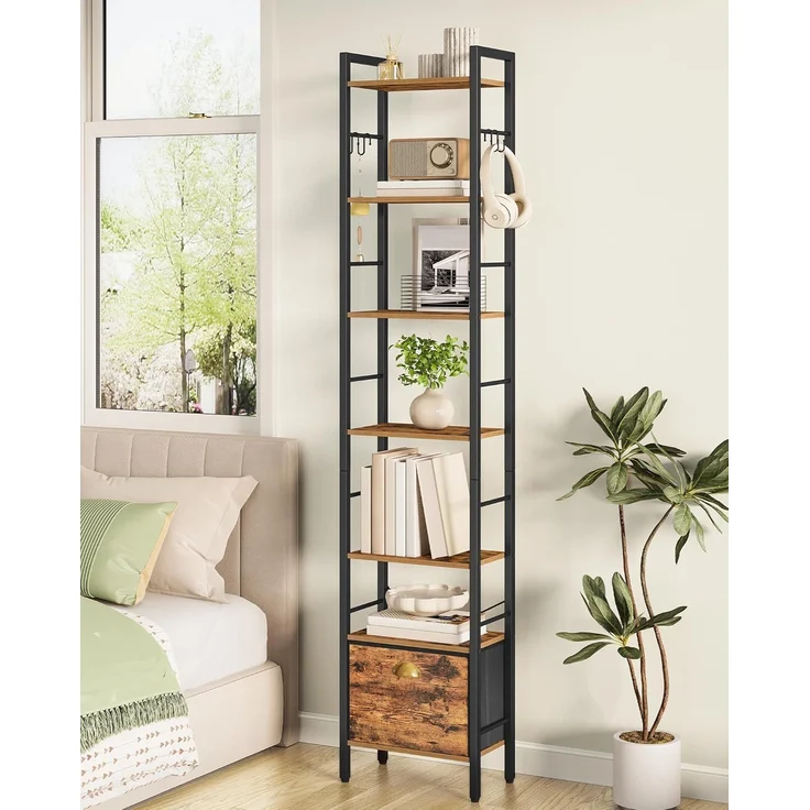 Bücherregal, 7 vertikale Regale mit 1 Zusammenklappbare Stoffschubladenund 4 Haken, offene Regale, Metallrahmen, geeignet für Arbeitszimmer, Wohnzimmer Vintagebraun-Schwarz – Bild 6
