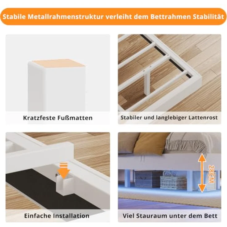IRONCK Bettgestell 90x200 cm, Schwebender Bett mit LED Beleuchtung, Gepolsterte Seitenwände, 2 AC-Steckdosen, 2 USB-A-Anschluss, 1 USB-C-Anschluss, Metallbett mit Lattenrost Einzelbett, Weiß – Bild 6