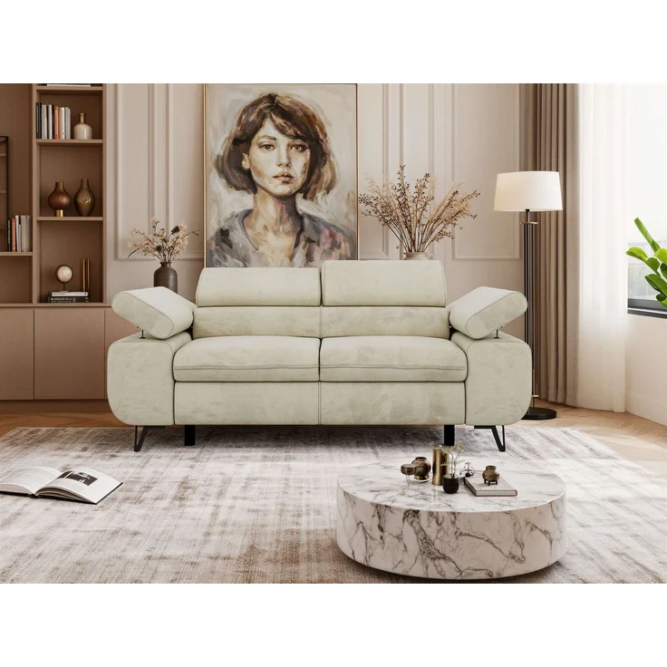 2-Sitzer Polstercouch PETER mit verstellbaren Armlehnen und Kopfstütze, Gepolsterte Couch, Wellenfeder - Beige Velvet – Bild 4