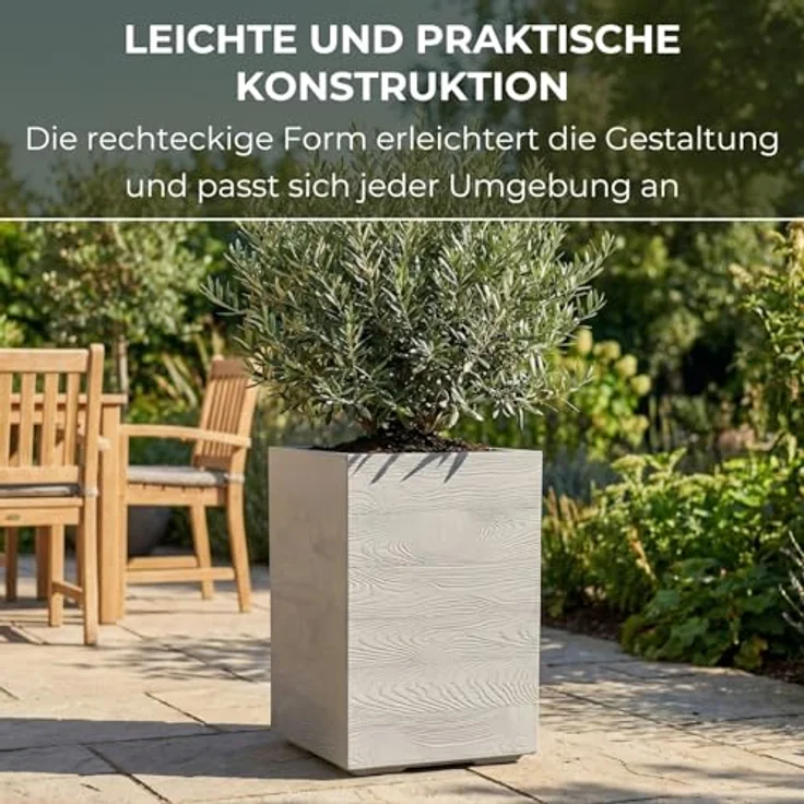 LAMELA Pflanzkübel mit Rollen Höhe 60 cm, 36L – Blumentopf aus Kunststoff in Holzoptik – Übertopf mit Wasserablauf – Modern für Innen & Außen - Wetterfest & Pflegeleicht, Grau – Bild 5