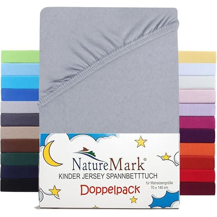 NatureMark 2er Pack Kinder JERSEY Spannbettlaken, Spannbetttuch 100% Baumwolle in vielen Größen und Farben MARKENQUALITÄT ÖKOTEX STANDARD 100 | 70x140 cm - silber grau – Bild 5