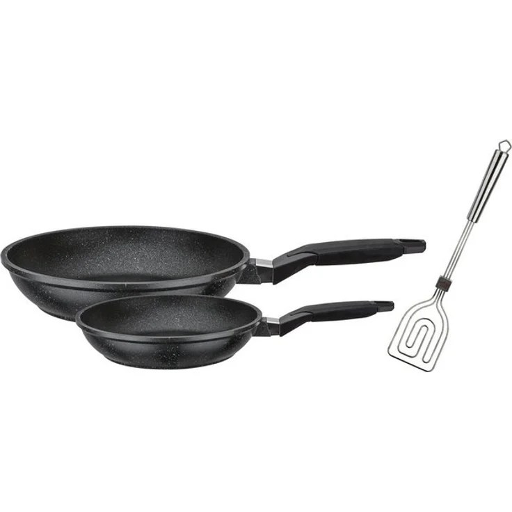 GSW Pfannen-Set Titanium Granit, Aluminiumguss (Set, 3-tlg, je 1 Pfanne Ø 20/28cm, 1x SCALA Alleswender), kratzfeste TITAN Antihaft-Versiegelung, inkl. Wender, Induktion – Bild 3