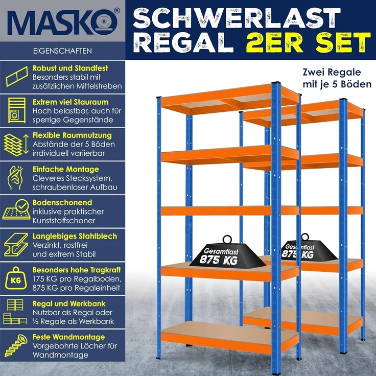 Masko 2er-Set Lagerregal Schwerlastregal, 5 verstellbare Ablagen, Metall orange / blau, 180 x 90 x 40 cm – Bild 2