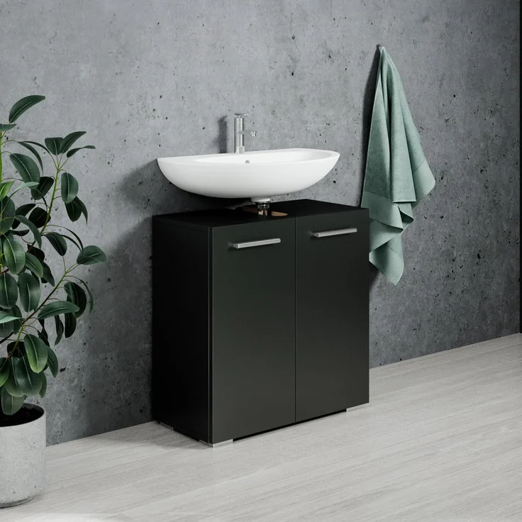Badplaats Waschbeckenunterschrank Jupiter 60 x 30 cm Schwarz Matt - Stehender Badezimmerschrank mit 2 Türen und Montagematerial – Bild 2