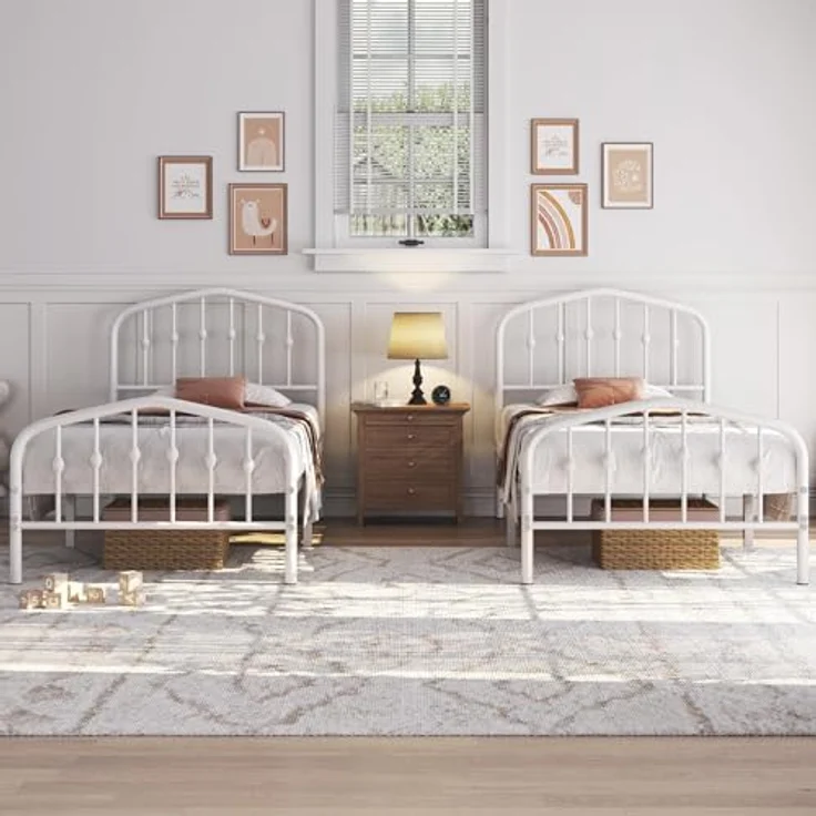 Yaheetech Bettrahmen 90 x 200 cm, Vintage Metallbett mit kronenförmigem Kopfteil, Stabiles Bettgestell Einzelbett aus Metall, Robust & Leichte Montage Gästebett Jugendbett Tagesbett, Weiß – Bild 4
