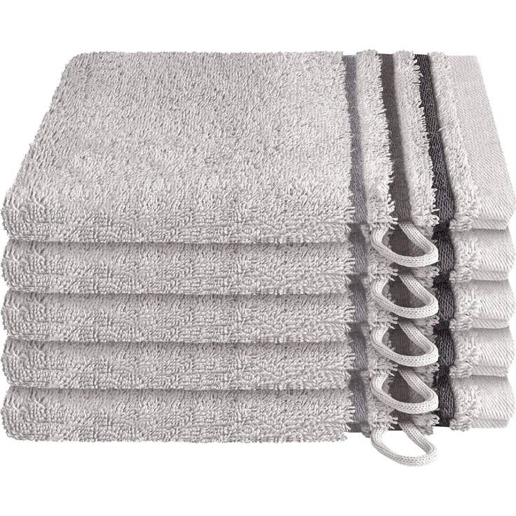 Schiesser Waschhandschuh Skyline, 5er Set, Violett, mit Webbordüre, 100% Baumwolle Silber