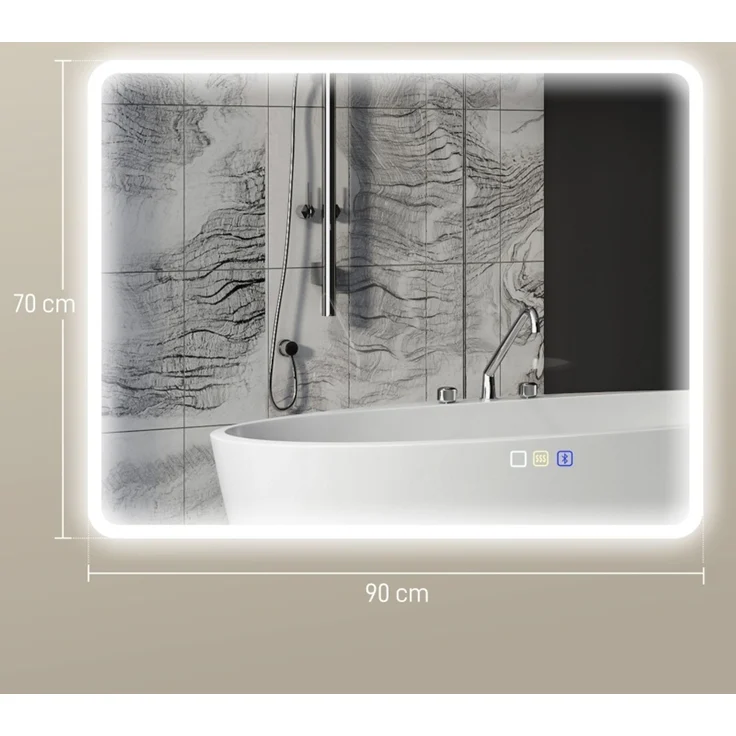 Badezimmerspiegel 3.5 x 90 x 70 cm mit LED, Bluetooth und Anti-Beschlag-Funktion, Silber – Bild 5