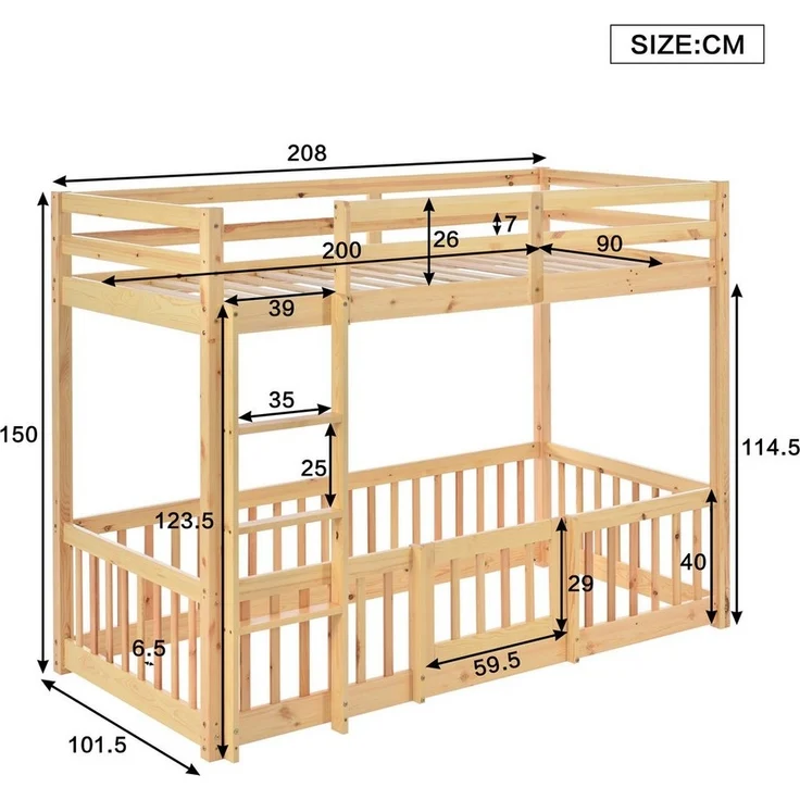 Flieks Etagenbett (mit rechtwinkliger Leiter, Zäune und Tür), Hochbett Kiefernholz Kinderbett mit oberem Lattenrost 90*200cm – Bild 2