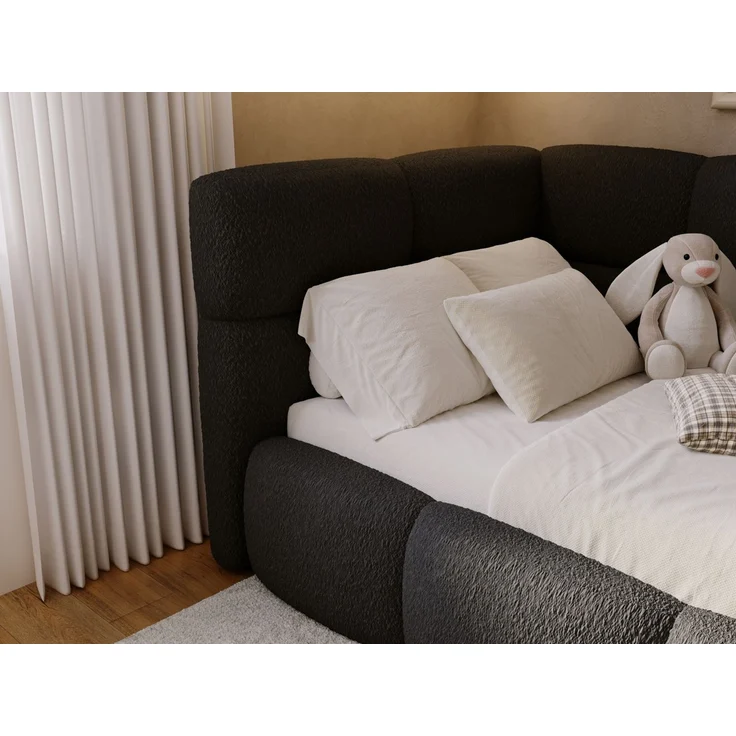 GRAINGOLD Modo One Jugendbett 90x200, Einzelbett mit Bettkasten, mit Lattenrost, Bouclé-Stoff, Rechts, Schwarz – Bild 7