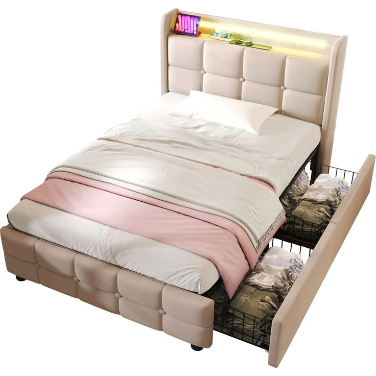 Einzelbett 90 × 200 cm mit Steckdosen,USB-Anschlüssen und LED-Beleuchtung,2 Schubladen,Leinenbezug in Beige – Bild 8