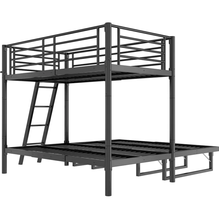 EINHOM Metall-Etagenbett mit Ausziehbett, 90 x 200, ausziehbares Gästebettgestell, platzsparendes Kinderetagenbett für mehrere Personen, ideal für Kinderzimmer und kleine Räume Schwarz (Ohne Matratze) – Bild 7
