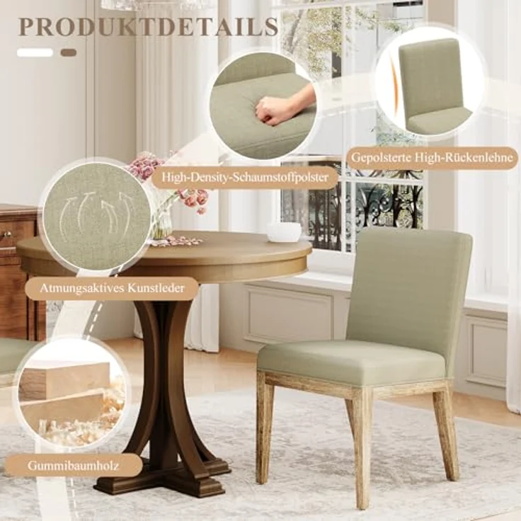COLAMY Esszimmerstühle 4er Set, Moderne Esszimmerstühle mit Stoffbezug, Küchenstühle im Landhausstil für Restaurant und Wohnzimmer, Khaki – Bild 5