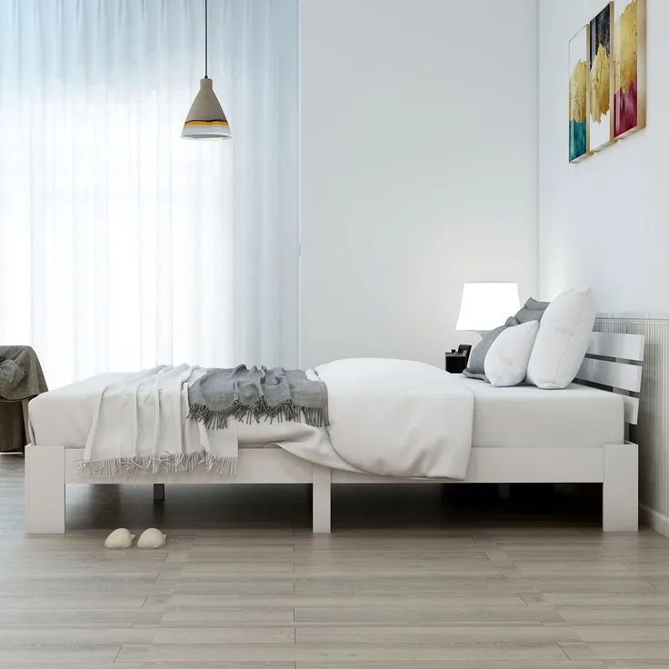 Holzbett Massivholz mit Lattenrost, 140x200 cm, Weiß, ohne Matratze