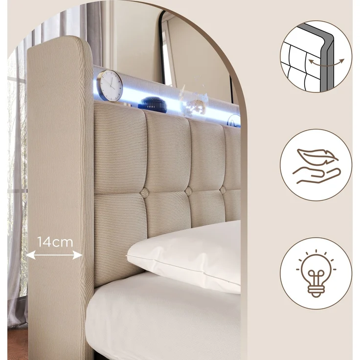 Einzelbett 160 × 200 cm mit Steckdosen,USB-Anschlüssen und LED-Beleuchtung,4 Schubladen,Leinenbezug in Beige – Bild 7
