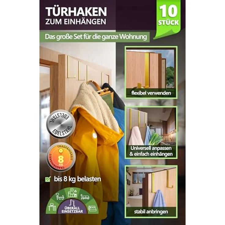 4smile Türhaken zum Einhängen - 10er Set, Fb. Gold - Edelstahl Kleiderhaken Tür für die ganze Wohnung, flexible Haken zum Einhängen, belastbare Türhakenleiste, universelle Türgarderobe – Bild 3