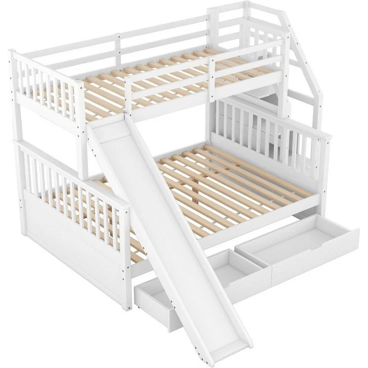 Flieks Etagenbett, Kiefer Kinderbett mit Stauraumtreppe und Schubladen 90x200cm+140x200cm – Bild 3