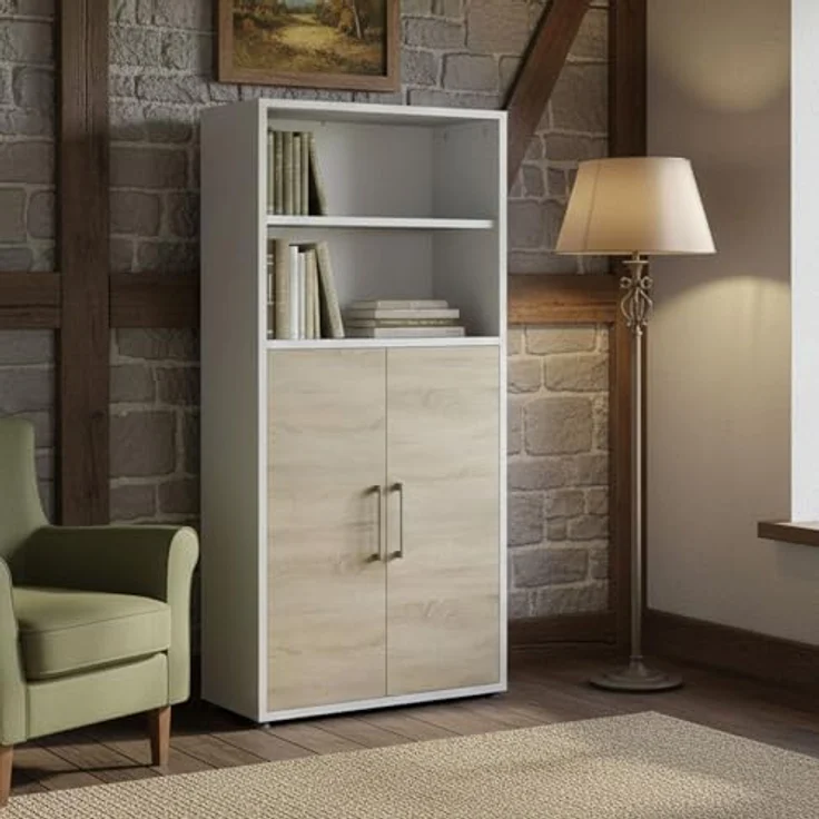 Dmora - Kommode Louna, Wohnzimmerbuffet, Wohnzimmer-Sideboard, Moderne Küchen-Speisekammer, 89x40 h186 cm, Weiß und Eiche – Bild 2