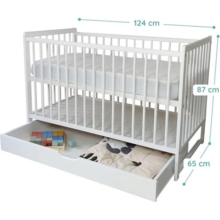 Kids Collective Babybett Kinderbett Gitterbett 60x120 cm Set mit Matratze & Schublade, höhenverstellbarer Lattenrost & abnehmbare Sprossen, weiß, Vollholz – Bild 2