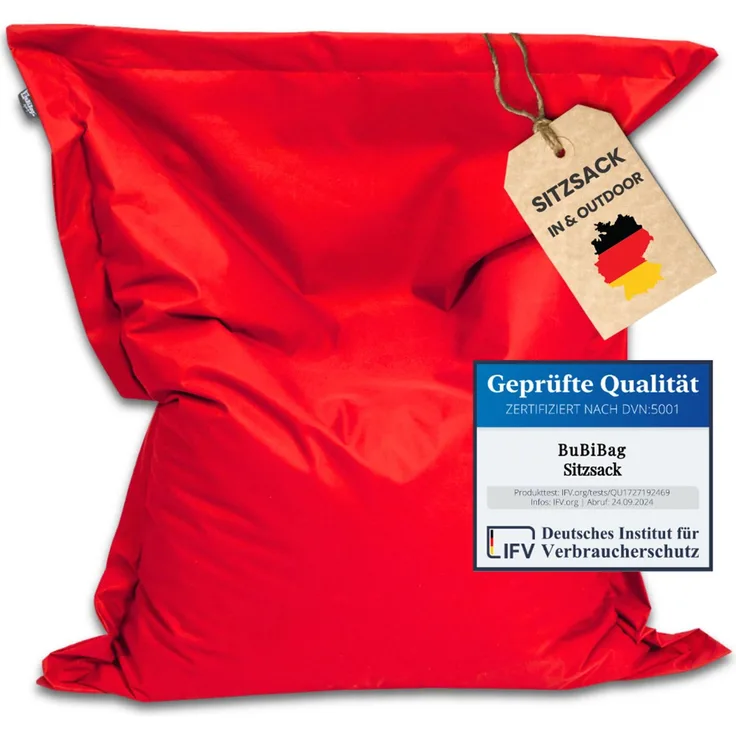 BuBiBag Sitzsack 145x100 cm mit Füllung – Handgefertigt – Bean Bag Indoor & Outdoor – Liegekissen Bodenkissen Erwachsene – wasserabweisend bequem – Rot