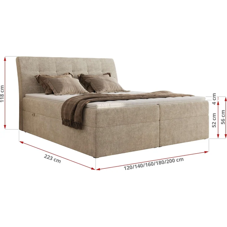 Boxspringbett DAGOS 140x200 cm mit Kopfteil, Lattenrost und Stauraum – Doppelbett mit Matratze & Topper Visco , stabile Konstruktion, Bettkasten, modernes Design - Beige Schenille grob gewebt - H4 – Bild 5