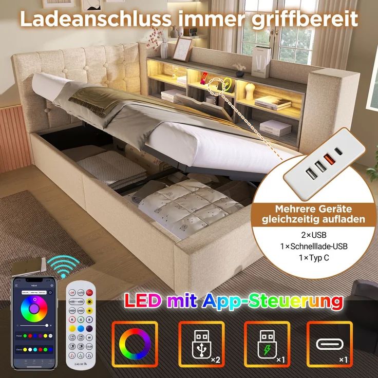 EINHOM Polsterbett 140 x 190 cm Einzelbett mit LED-Beleuchtung, Hydraulischem Stauraum, L-Förmigem Kopfteil mit Stauraum, Beidseitig Montierbar, Lattenrost, Leinenstoff, Beige, (Ohne Matratze) – Bild 3