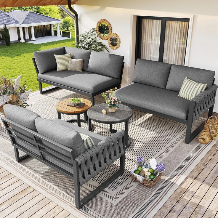 Gartenlounge-Set mit 2 Sesseln, Ecksofa und 2 Tischen, 233×178×86 cm, modular, Grau – Bild 3