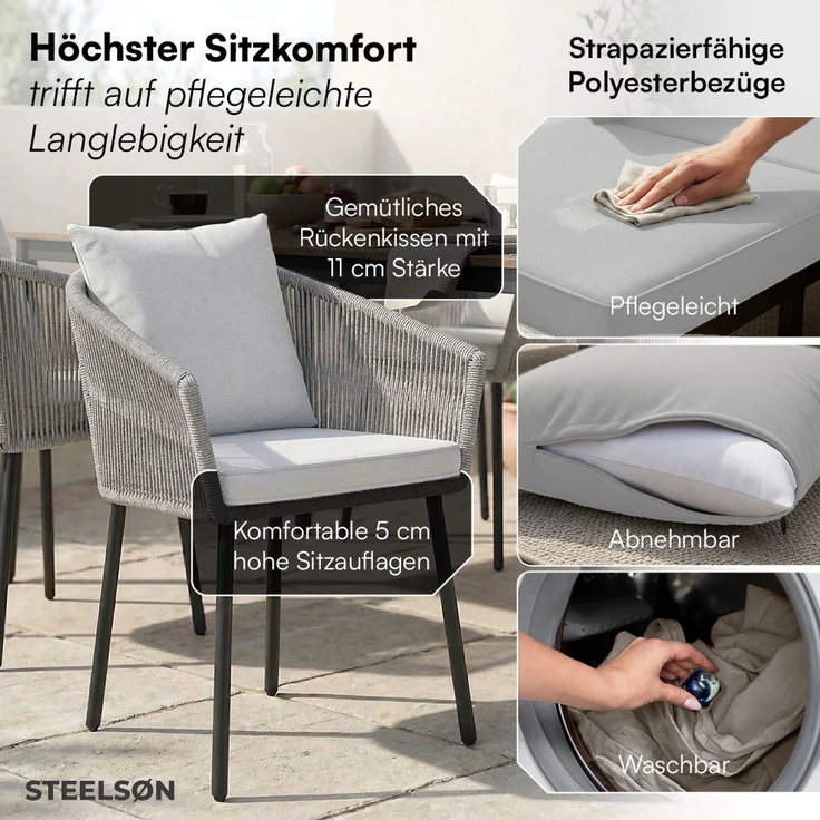 STEELSØN 'Nair' Polyrattan Gartenstuhl, 6er-Set, hellgrau, wetterfest & UV-beständig, Balkonstühle bis 160 kg belastbar, Gartensessel inkl. Kissen – Bild 2