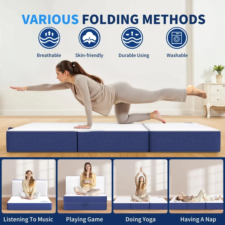 Botifly Faltmatratze 90 x 190 x 15 cm – 4-Fold Klappmatratze mit Memory Foam & Waschbarem Bezug, Ideal für Gäste, Camping & Yoga (Blau/Weiß) – Bild 6