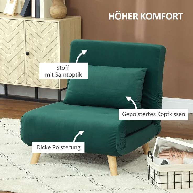 HOMCOM Relaxsessel mit Bettfunktion, verstellbare Rückenlehne, bis 150 kg Belastbar, Dunkelgrün, 72 x 78 x 79 cm – Bild 4