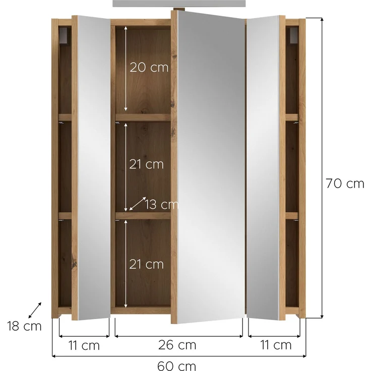 Spiegelschrank inkl. Beleuchtung (B/H/T: 60x70x18 cm) in Artisan Oak Nachbildung und Artisan Oak Nachbildung – Bild 4