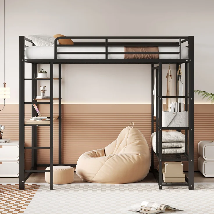 ZUBALIYA Metall-Hochbett mit Leiter 140x200 cm, Juniorbett Doppelbett mit Tisch mit einfachen Kleiderbügeln mit Ablagefächern, Schwarz – Bild 5