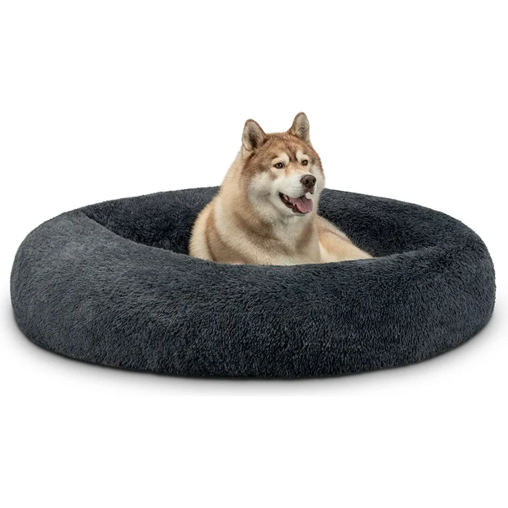 lionto Donut Hundebett, rundes Hundesofa mit Plüschbezug & Anti-Rutsch-Noppen, weich & gemütlich, 120 cm Durchmesser, dunkelgrau – Bild 1
