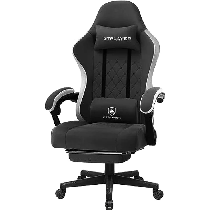 GTPLAYER Gaming Stuhl Ergonomischer Gaming Sessel Schreibtischstuhl mit Stoffoberfläche, Federsitzkissen, Verbindungsarmlehnen und Fußstütze schwarz – Bild 6